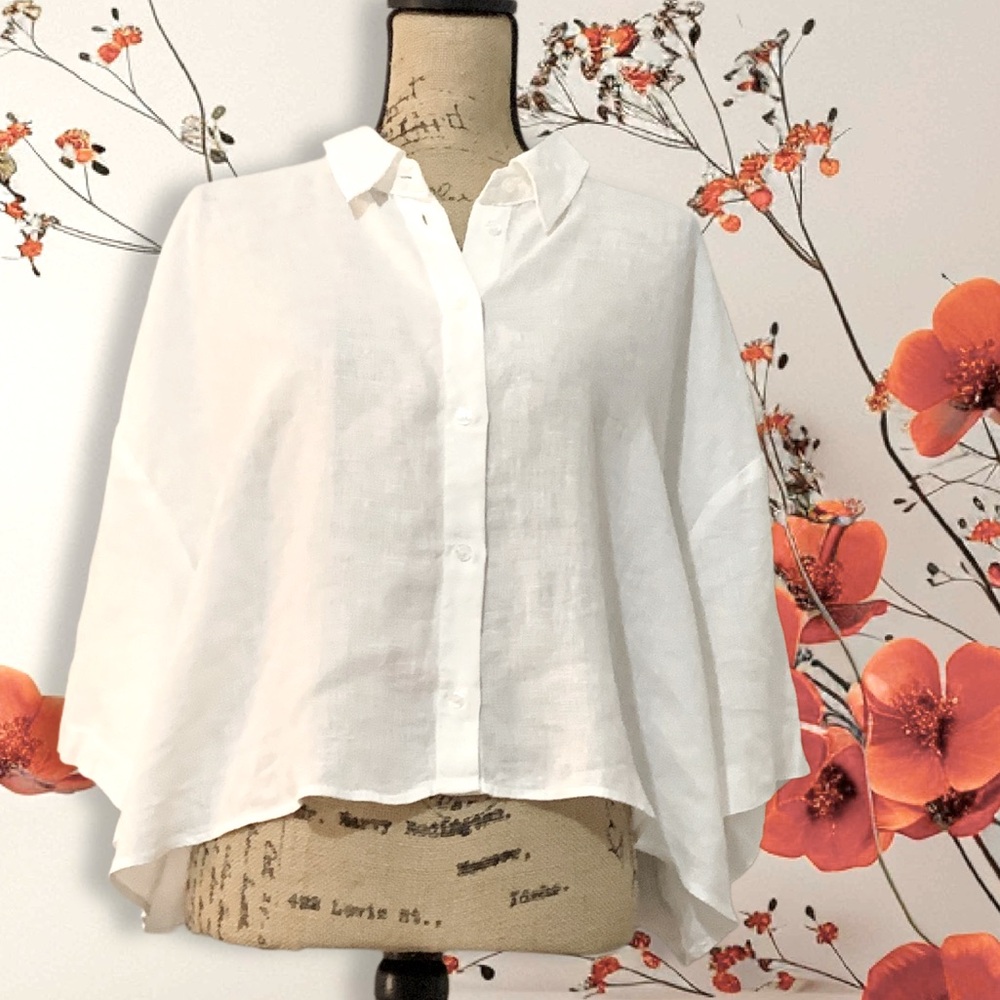 H&M Women's White Button Down Linen Blouse Top